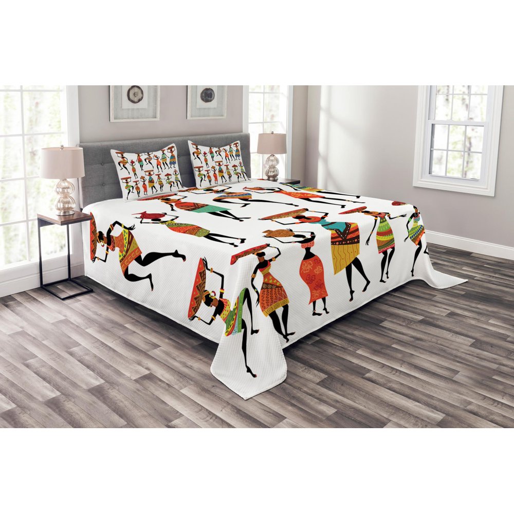 African Bedspread Set, Pattern of Cool African Women Carrying Some