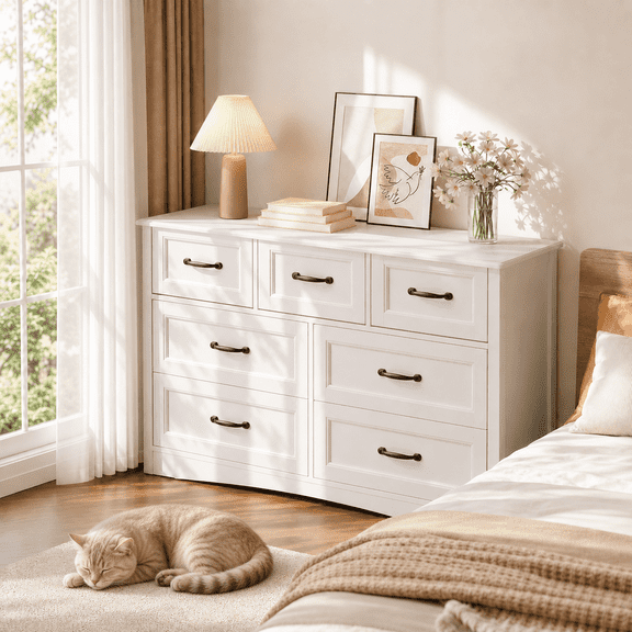 Aiho 47" Modern Wooden 7-Drawer Dresser, Metal Pull Handles & Anti-Tip Design-White