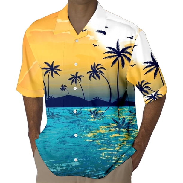 Camisas Manga Larga Hombre Camisa de estilo casual de manga corta para hombre Camisa de solapa con botones con estampado 3D de puesta de sol de junto al mar Cárdigan de manga corta (Yellow, 3XL)