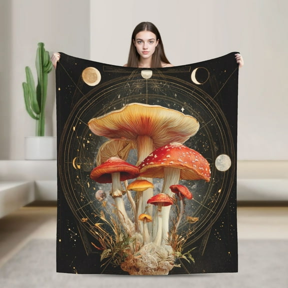 Cozy Mushroom & Celestial Throw Blanket - Soft Flannel Lightweight All-Season Blanket with Red/Beige/ Golden Mushroom, Moon Phases - for Living Room, Bed, Couch, Car, Gift - Durable Decorative Home D