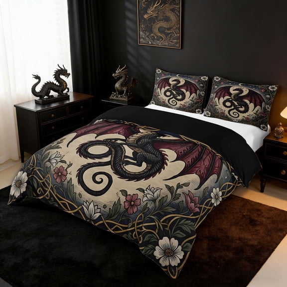 Erosebridal Vintage Floral Moon Dragon Queen Duvet Cover Set for Men and Women, Black Red Beige Art Nouveau Bedding 3-Piece, 1 Duvet Cover and 2 Pillowcases