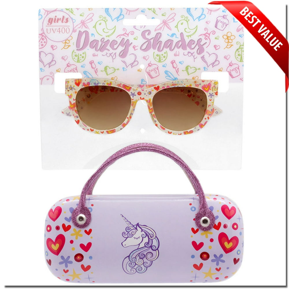 Girls Sunglasses Cat Eye with Unicorn Case Fashion Style Cute Kids
