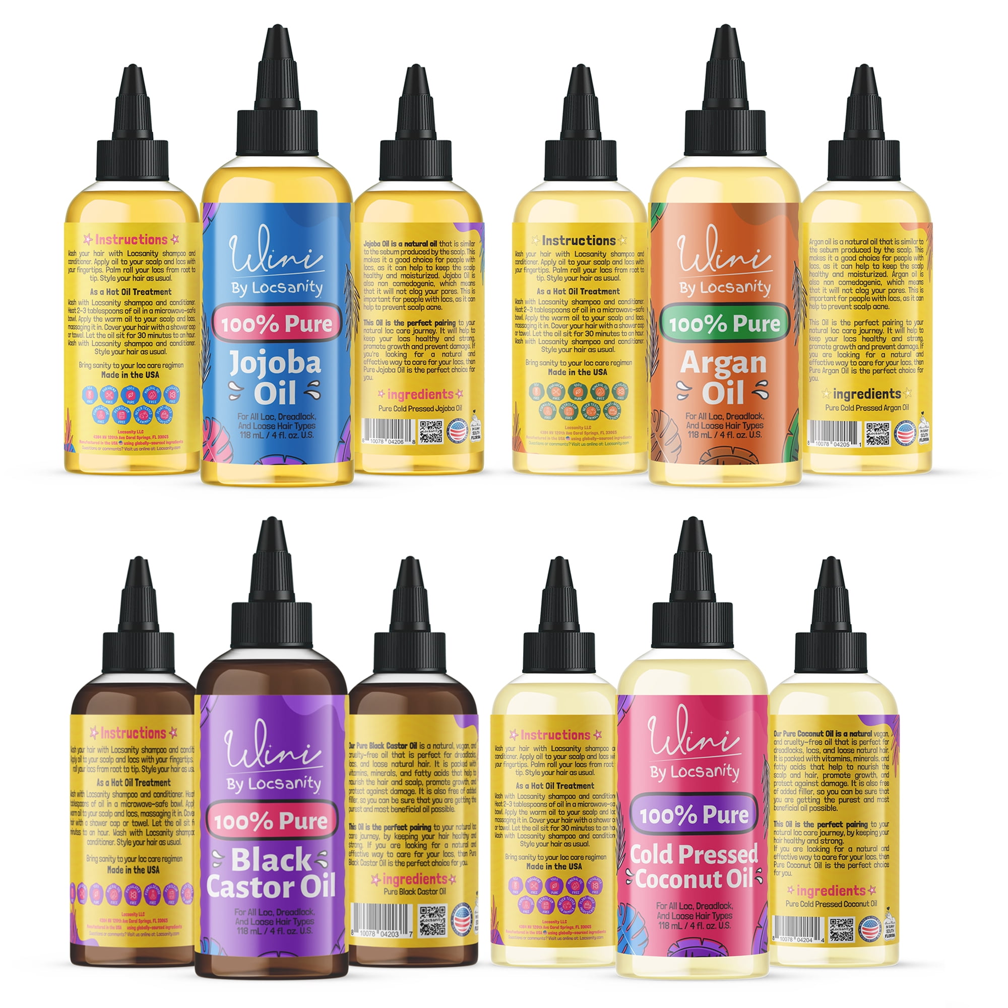 Wini by Locsanity 100% Pure Oil 4-Pack – Jojoba, Argan, Coconut & Black Castor Oils (4 fl oz Each) – Natural Oils for Hair, Skin, and Scalp Care