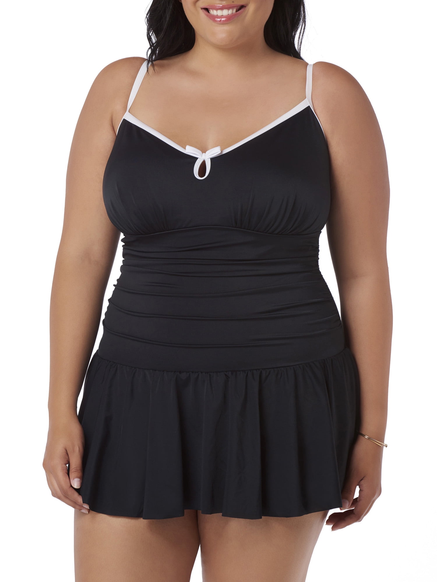 Women's PlusSize Slimming Shirred Cami Bow OnePiece Swimdress