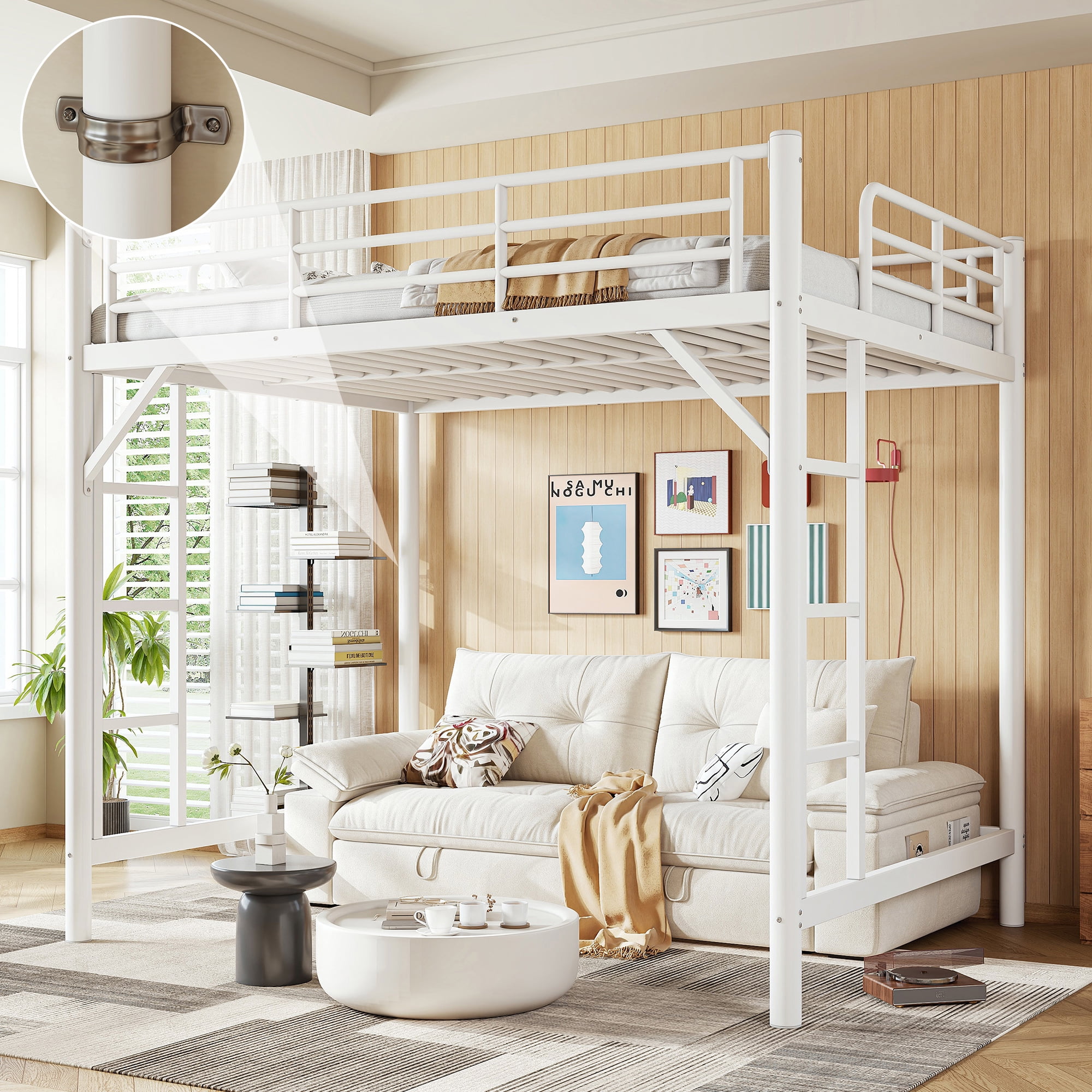 Mintazer Full Metal Loft Bed Frame with Side Ladders & Guardrails for Teens Adults, No Box Spring Needed, White