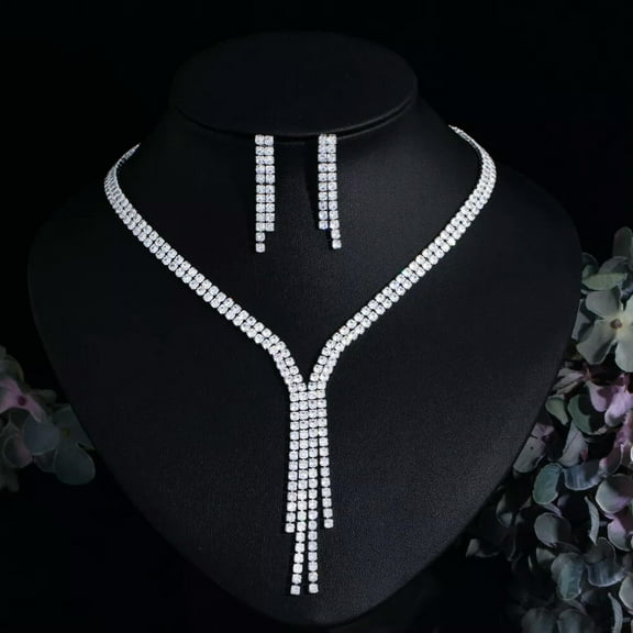 Silver Plated Long Dangle Drop Tassel Costume Necklace Earring Women Jewelry Set