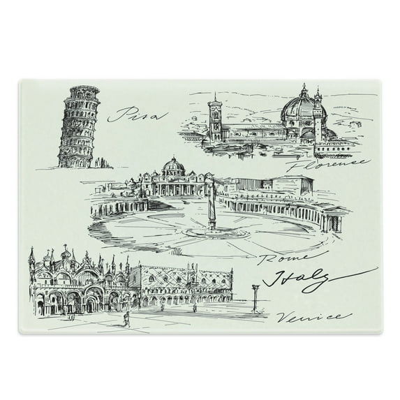 Sketchy Cutting Board, Travel the World Themed Historical Italian Landmarks Venice Rome Florence Pisa, Decorative Tempered Glass Cutting and Serving Board, Large Size, Black White, by Ambesonne