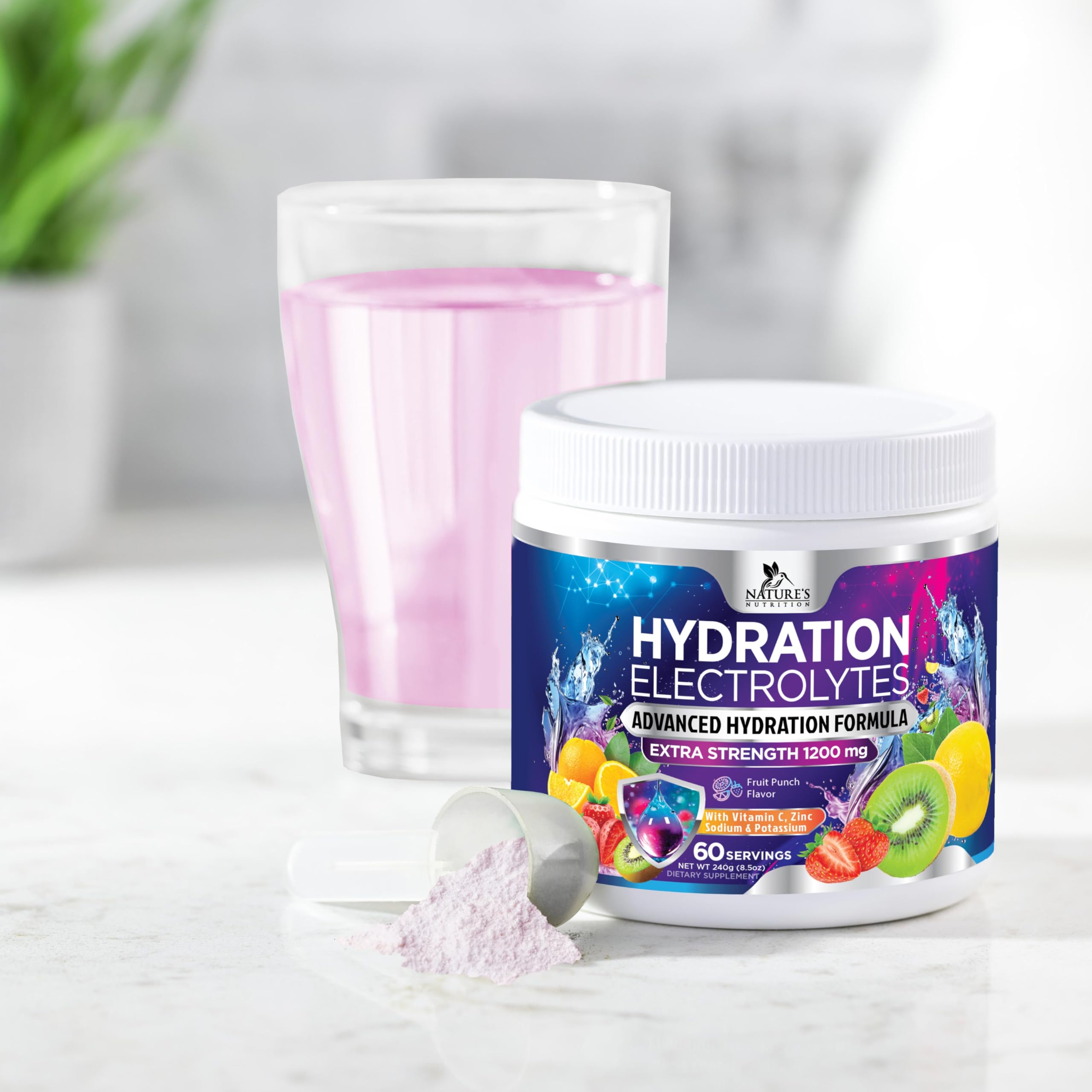 Hydration Electrolyte Powder 1200mg - Advanced Hydration Formula Daily Liquid Replenisher Drink Mix - Electrolytes Multiplier with Minerals, Potassium & Real Salt, Tasty Fruit Flavor - 60 Servings