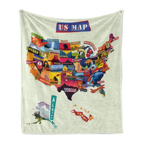 Wanderlust Soft Flannel Fleece Throw Blanket, US Map Seashore and Sunflowers Tourist Attractions Jersey Cow Milk Corn Field, Cozy Plush for Indoor and Outdoor Use, 70" x 90", Multicolor, by Ambesonne