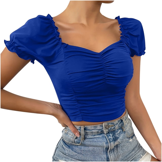 Lenpel Crop Tops for Women Summer Ruffle Short Sleeve Square Neck Ruched Solid Color Slim T Shirts Going out Blouses