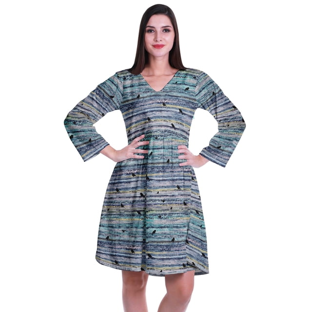 Moomaya Robe Courte Évasée Imprimée de Designer, Manches Longues, Tunique en Velours, Robes pour Femmes
