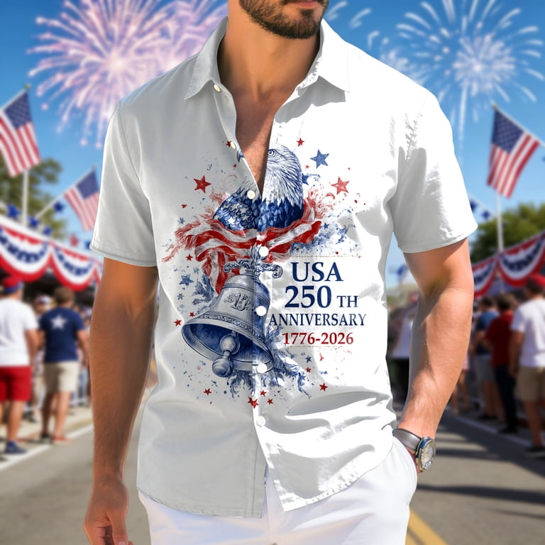 fourth of july dress shirt Men's 4th of July U.S. 250th Anniversary American Flag Shirt Satin Shirt  Dress Shirt Short Sleeve