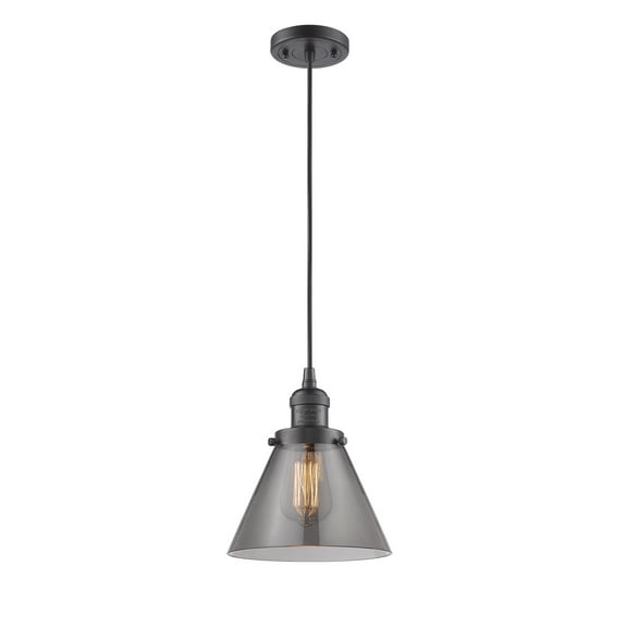 Large Cone Oiled Rubbed Bronze Eight-Inch LED Mini Pendant with Smoked Cone Glass and Black Cord