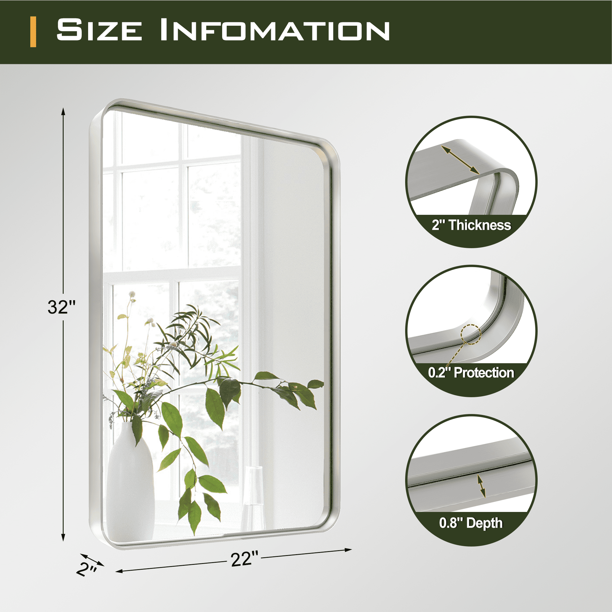32"x22" Aluminum Alloy Wall Mount Rounded Corner Rectangular Mirror,Silver