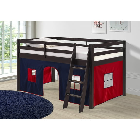 Alaterre Furniture Roxy Junior Loft - Espresso with Blue and Red Bottom Tent