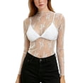 thumbnail image 2 of Alkepwun Cover Up Womens Sexy Mesh Sheer Long Sleeve Mock Neck T Shirt Casual Floral Lace Soft Breathable Summer Party Evening, 2 of 5
