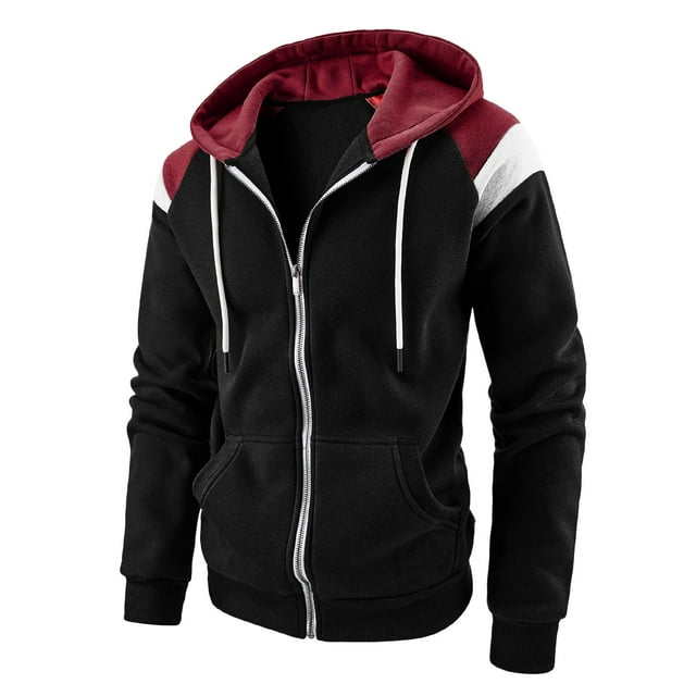 Men's Casual Fashion Zip Up Hoodie Autumn Winter Patchwork Contrast Ribbed Design Sweatshirt Comfortable Stylish Jacket