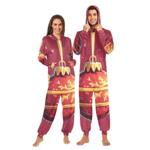 Christmas Ball Bell Adult Onesie Pajamas Slim Fit Christmas One Piece Suit Pjs for Women and Men Hooded Zipper
