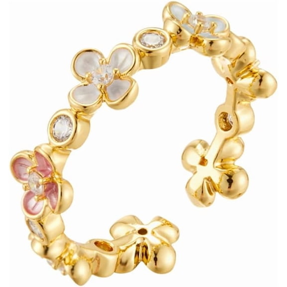 Dainty Floral Ring for Women Gold Plated CZ Crystal Daisy Band Adjustable Open Statement Ring with Enamel Flowers Promise Band Rings