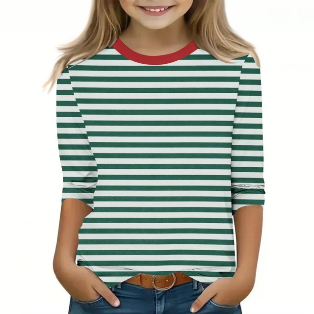 MKOSPLRT Striped Tops for Children Crew Neck Color Block T Shirts 3/4 Sleeve Casual Dressy Shirts Soft Holiday Blouses Comzy Spring Tees