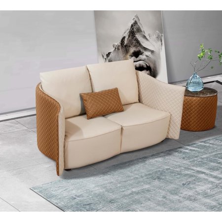 Luxury Italian Leather Beige & Orange Loveseat MAKASSAR EUROPEAN FURNITURE
