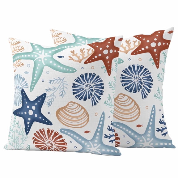 2 Pack Outdoor Waterproof Throw Pillow Covers,Marine Starfish Shell Coral on White Decorative Square Patio Pillowcases for Chair Couch Sofa 16x16in