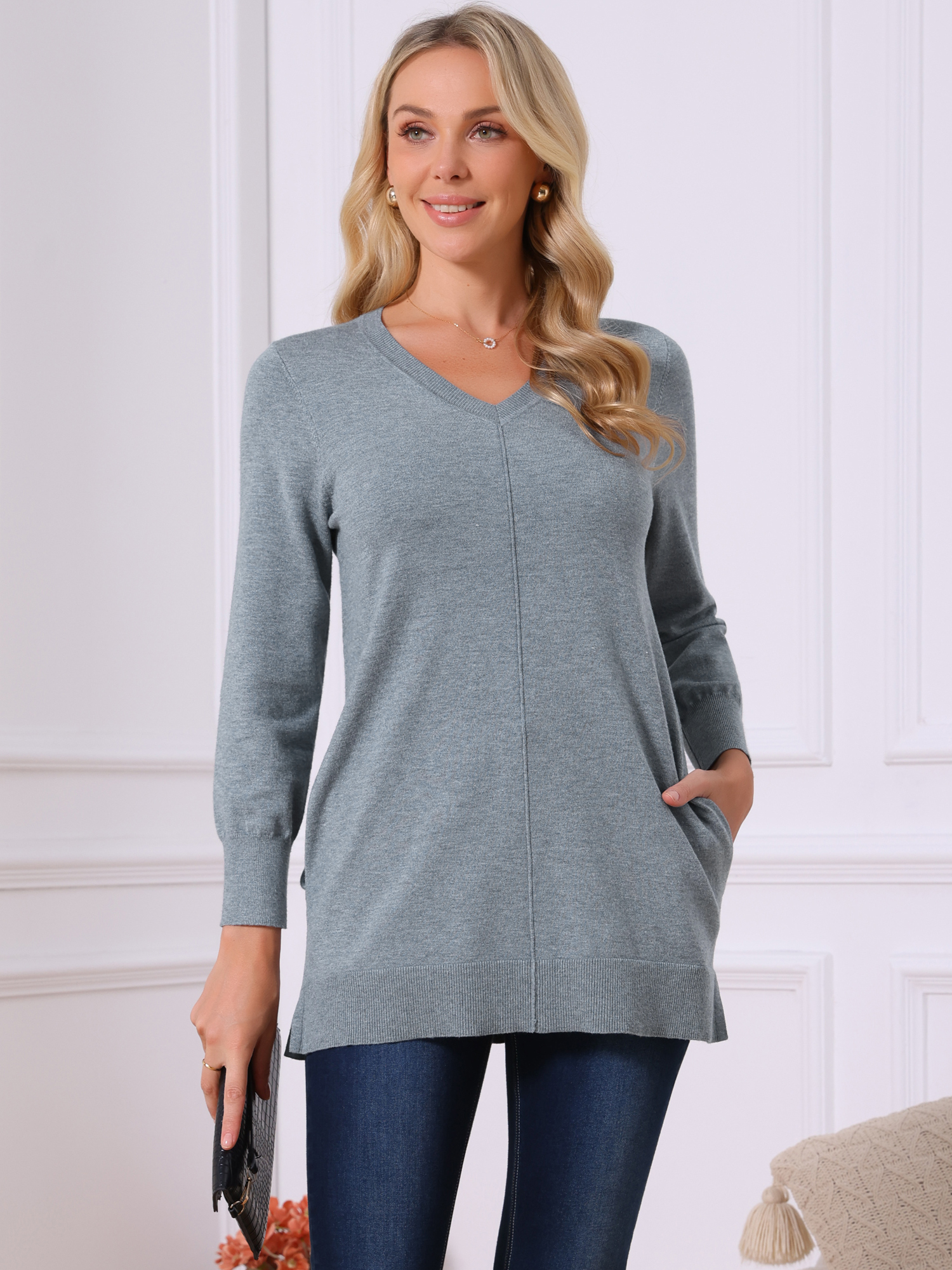 DARING DIVA V Neck Long Sleeve Chunky Knit Pullover Sweater L Grey