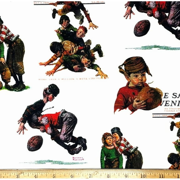 1 Yard - Norman Rockwell Football Boys Saturday Evening Post on White Cotton Fabric (Great for Quilting, Sewing, Craft Projects, Throw Pillows & More) 1 Yard X 44" Wide