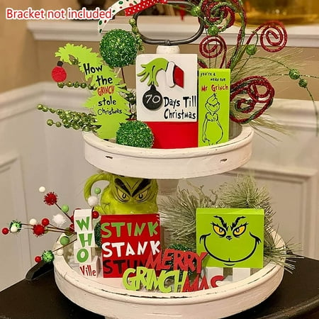 Grinch Tiered Tray Decor, Green Christmas Tree Wooden Signs Decorations, 6pcs, Tray Not Include
