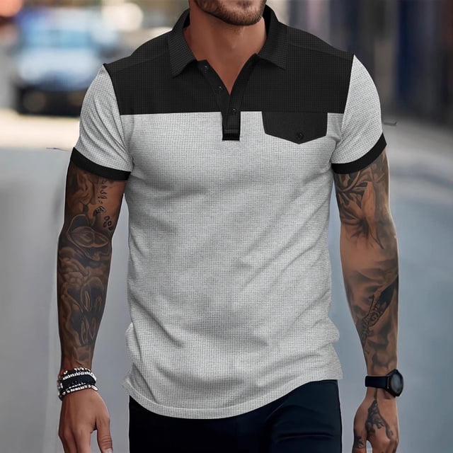Playeras Elvqul de Caballero Playa sin Estampado Manga Corta Gris Solapa Con Bolsillos Algodón Abotonada
