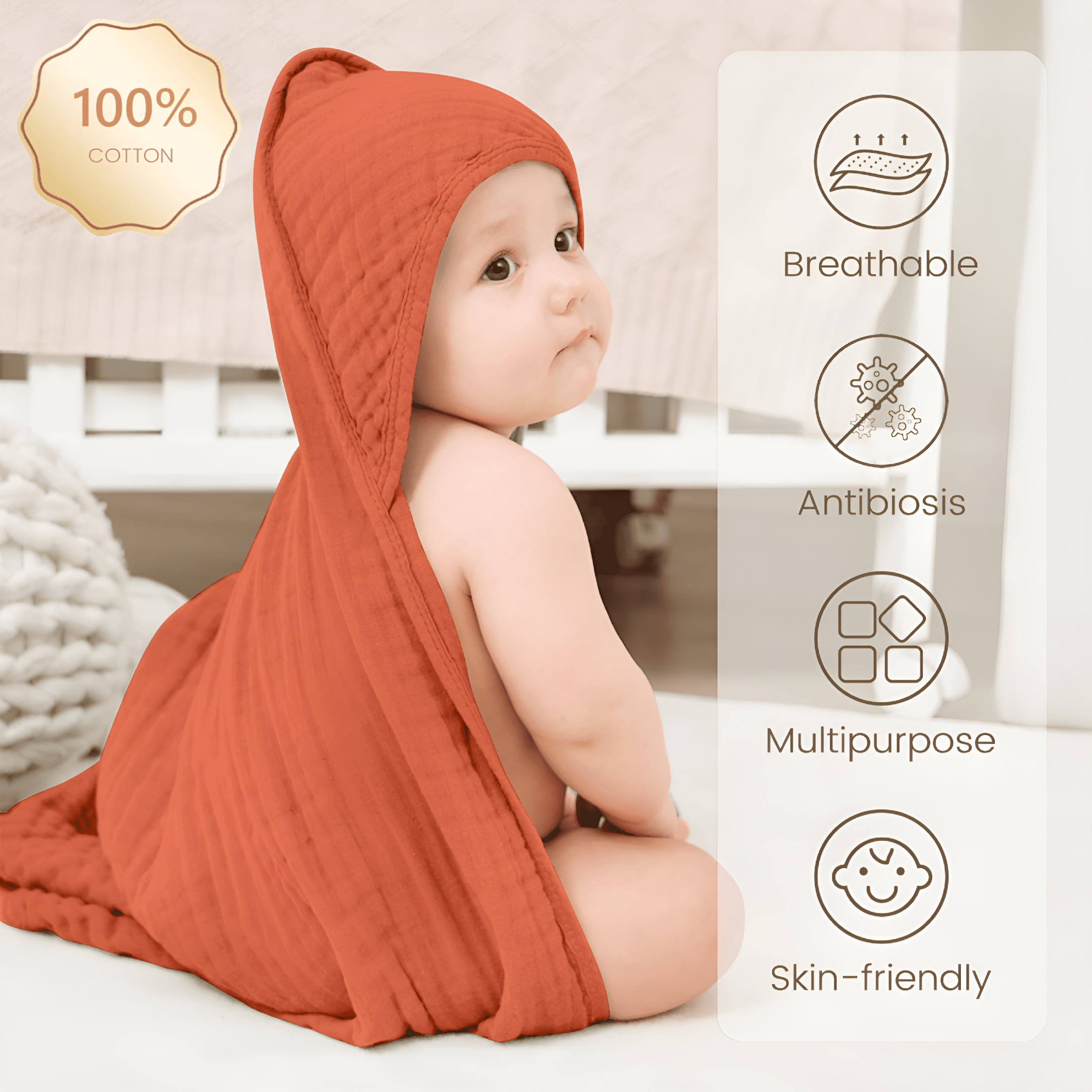 AUQ 2026 New 2 Pack Muslin Hooded Baby Towels,100% Cotton Towel Baby Bath Towel with Hood for Babies,Infant,Toddler and Kids,Large Size 32×32 Inch,Highly Absorbent and Essential for Newborn Care