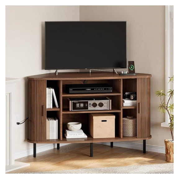 47" Corner TV Stand, Fluted TV Cabinet for 55 Inch TVs, Walnut