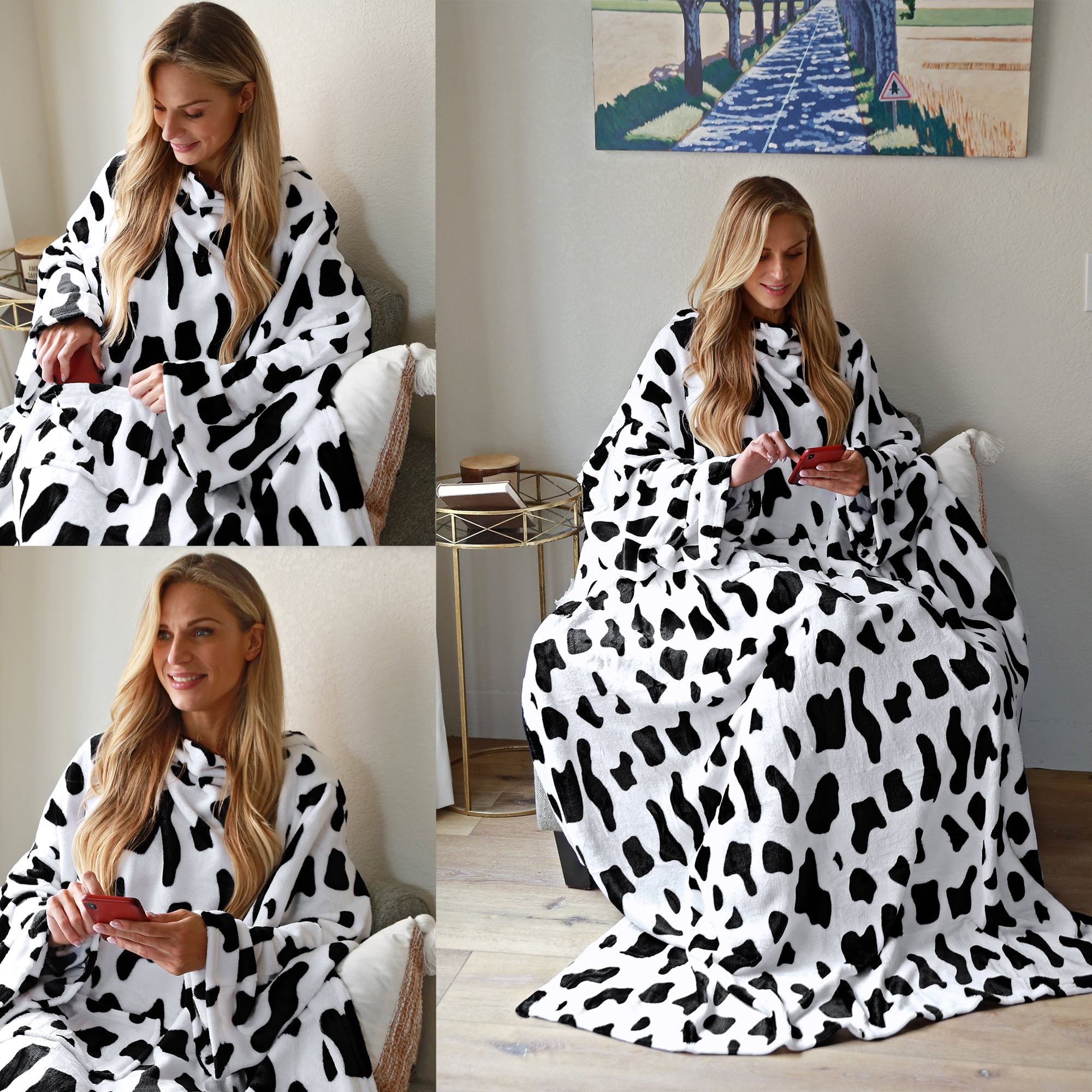 Tirrinia Wearable Fleece Blanket for Women and Men, Super-Soft Microplush TV Blanket, Adult Wrap, Full Body Robe for Lounge Couch, Dalmation, 73" x 51"