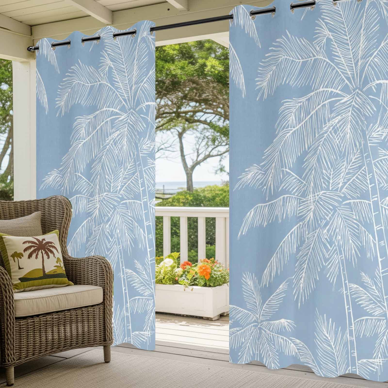 Summer Beach Outdoor Curtains for Patio, Graffiti White Palm Trees Abstract Plant Blue Coastal Sunshade Privacy Drapes Grommet Waterproof Outside Curtains for Porch/Cabana/Balcony 54"x 108", 1 Panel
