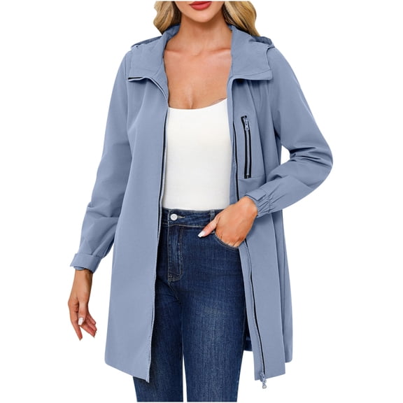 XPMWRP Women's Waterproof Hooded Casual Jacket Loose Windbreaker Long Sleeved Coat Solid Color Lapel Collar Zipper Jacket Blue XXXL