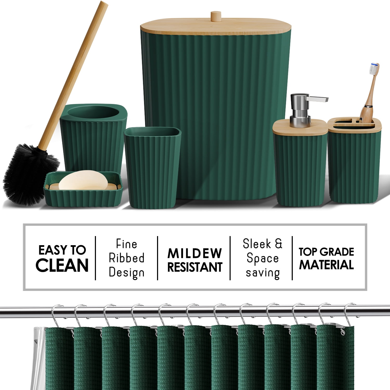 Hearth & Harbor 24 Piece Bamboo Bathroom Sets, Hunter Green Bathroom Accessories Set and Shower Caddy Set