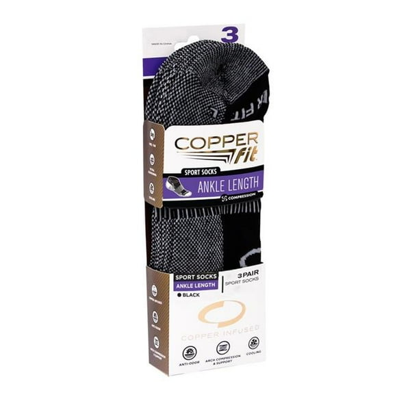 Copper Fit  Unisex Sport Ankle Socks&#44; Black - Large & Extra Large