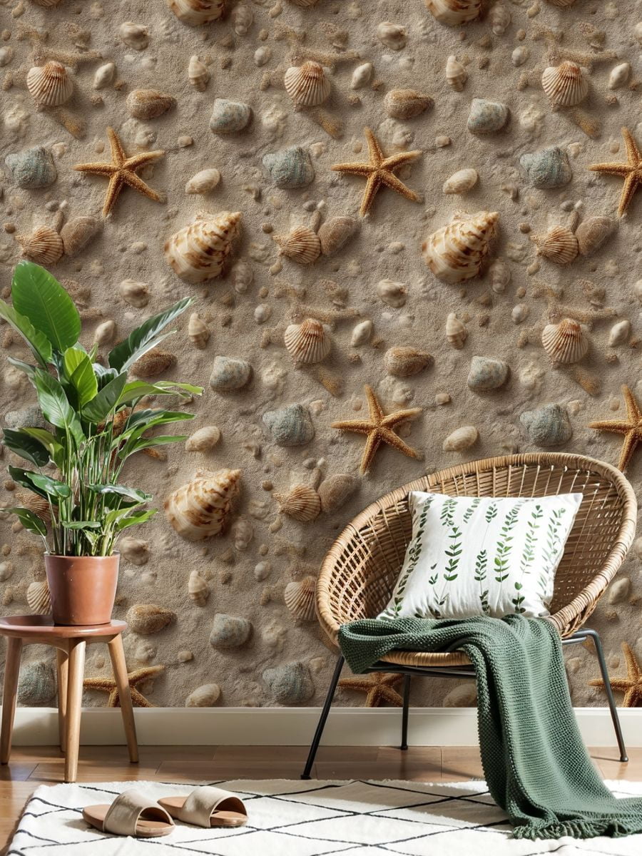 Peel and Stick Wallpaper Seashells Starfish Sandy Beach Surface coastal Wall Mural 17.7in x 9.8ft Self Adhesive Removable Wall Paper Renter Friendly Wallpaper for Bedroom Livingroom Office Studio