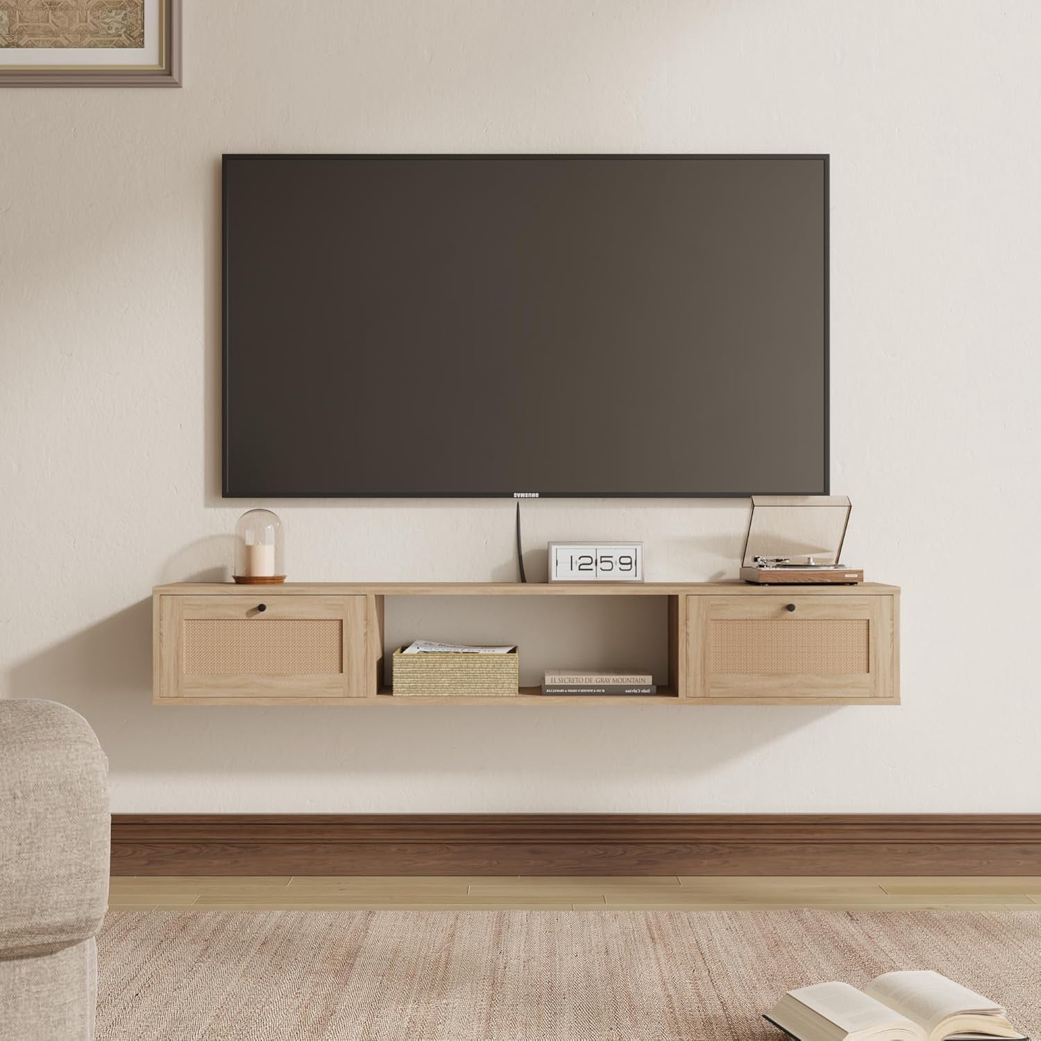 MELLCOM Modern Rattan Floating TV Stand, Entertainment Center for Under TV Storage, Wall-Mounted Floating Stand for TVs, 57 inch, Oak