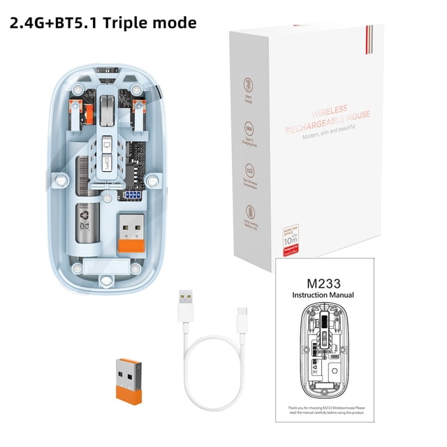 Ratón Bluetooth transparente inalámbrico, ligero y recargable, apto para teléfonos móviles Apple, Huawei y portátiles