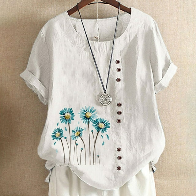 TopLLC Chemises Mexicaines pour Femmes Hauts Brodés Traditionnels Tunique Décontractée à Fleurs pour Femmes Col Rond Manches Courtes Chemises en Lin