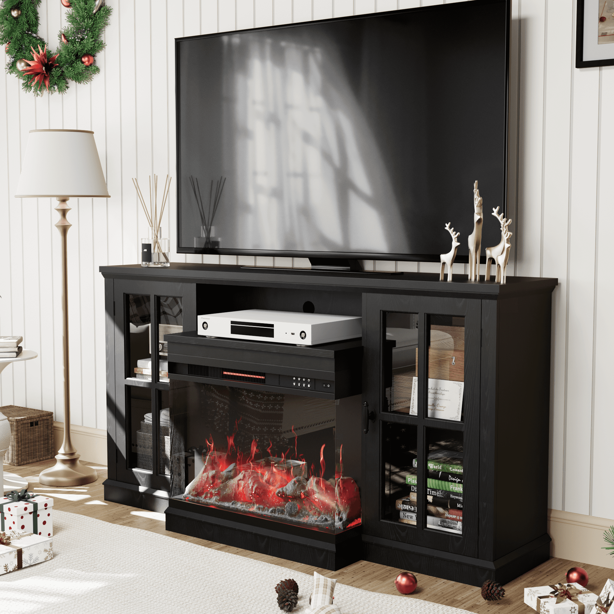 Homall Fireplace TV Stand for TVs up to 65" 3-Sided Glass Modern Media Entertainment Center with Cabniet Storage Adjustable Flame Color Fireplace,Black