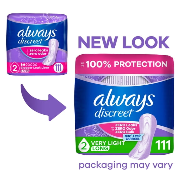 Always Discreet Incontinence Panty Liners for Bladder Leaks, Size 2, Very Light Absorbency, Long Length, 111 Count