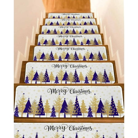Christmas Tree Stair Treads for Wooden Steps Indoor Runner Rug Carpet Winter Snowflake Blue Xmas Tree Abstract 4 Pieces Peel and Stick Staircase Step Treads Covers Washable Throw Door Mats 30 x8
