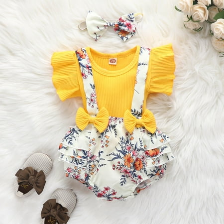 

Hunpta Newborn Girl Clothes Infant Romper Floral Suspender Shorts T Shirt Tops Ruffle Sleeve Outfit Jumpsuit Headband Set 0-12M
