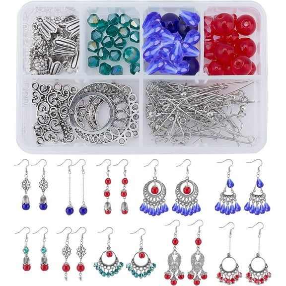1 Box DIY Make 10 Pairs Chandelier Earring Making Kit Including Flower Tibetan Style Caps Link Connector Charms Glass Beads for Adults Women DIY Earring Jewellery Making