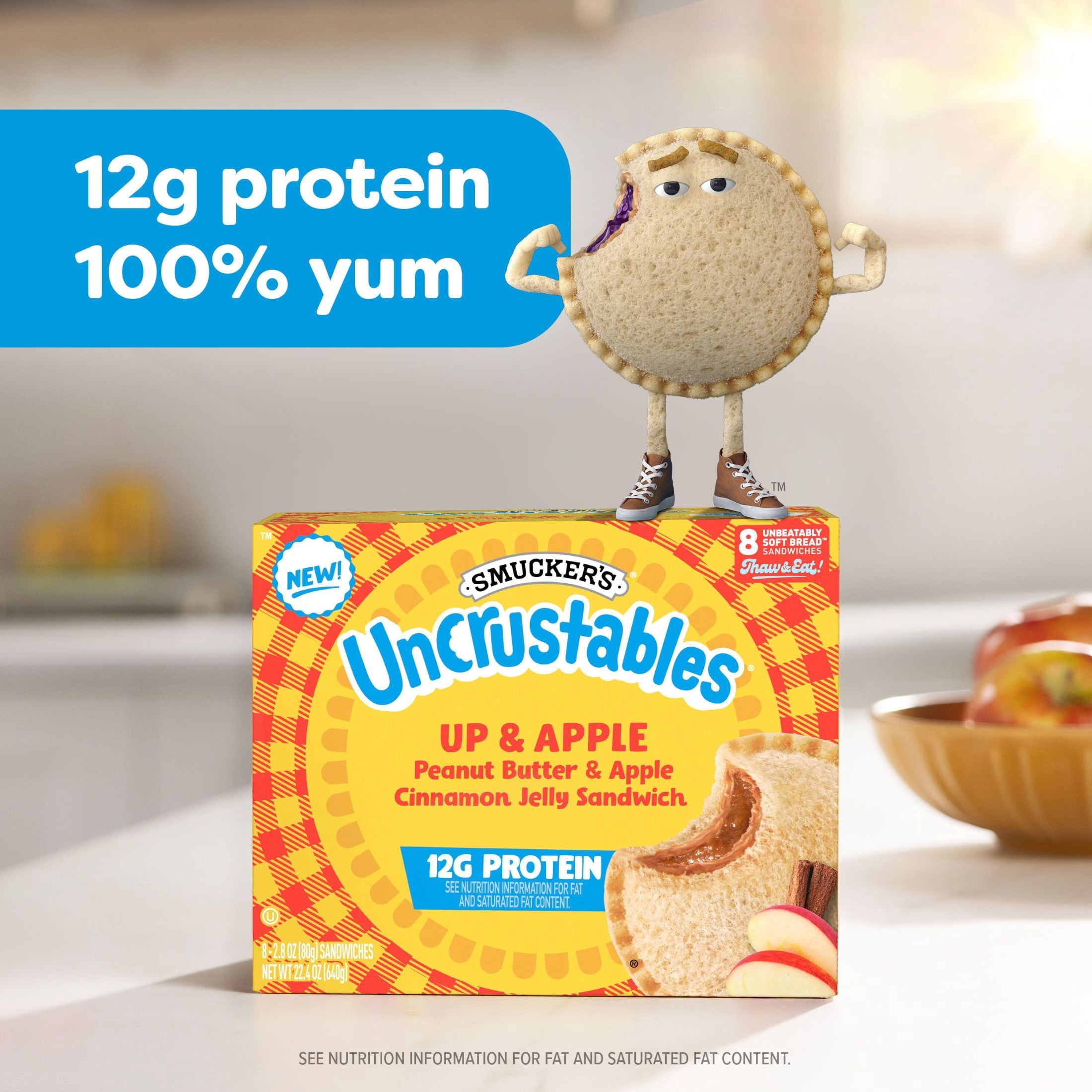 Smucker’s Uncrustables Up & Apple Morning Protein Snacks, Peanut Butter & Apple Cinnamon Jelly Sandwiches on Wheat Bread, 8 Count, 2.8 oz Each (Frozen)