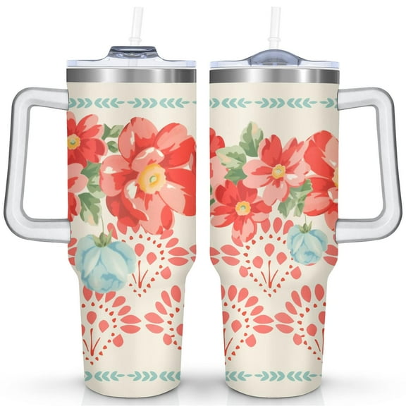 40oz Pioneer Colorful Floral Stainless Steel Flip Straw Tumbler with Lid and Straw Spill Proof Travel Cup Double Wall Vacuum Insulated Coffee Mug with Handle White
