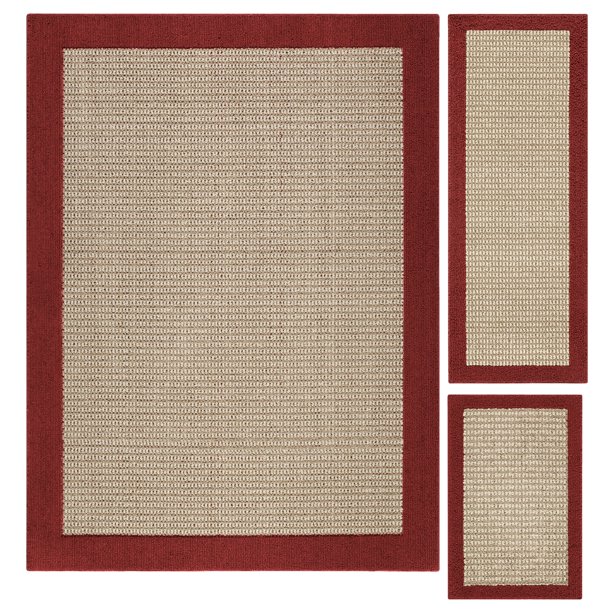 Mainstay Traditional Faux Sisal Red Area Rug Set, 3 piece