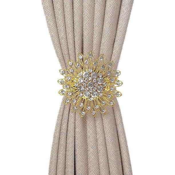 Alzapaños magnéticos para cortinas, paquete de 2 clips magnéticos para cortinas decorativas de cristal, hebilla, alzapaños para cortinas de flores, estilo europeo y americano (dorado)